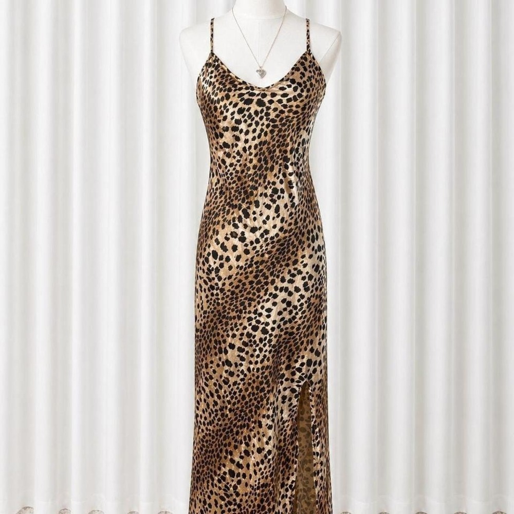 Y2K leopard print satin slip dress